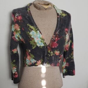 FREE PEOPLE Cropped Knitted Floral Print Lamb Wool Cardigan Sz M